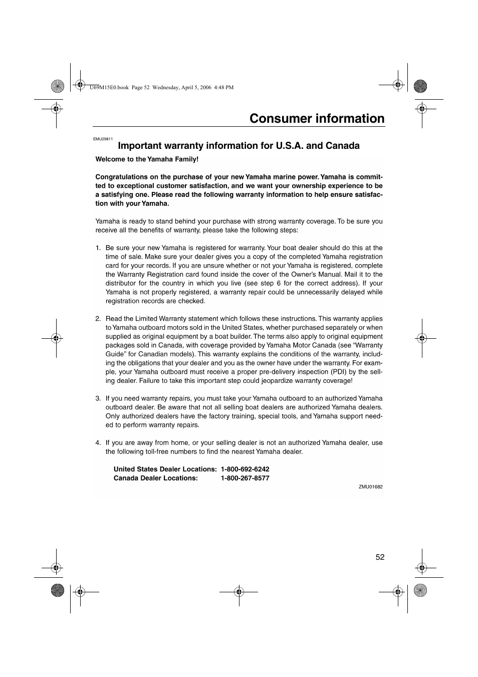 Consumer information, Important warranty information for, U.s.a. and canada | Yamaha F25 User Manual | Page 57 / 66