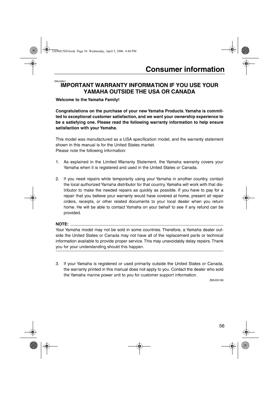 Important warranty, Consumer information | Yamaha F25 User Manual | Page 61 / 66