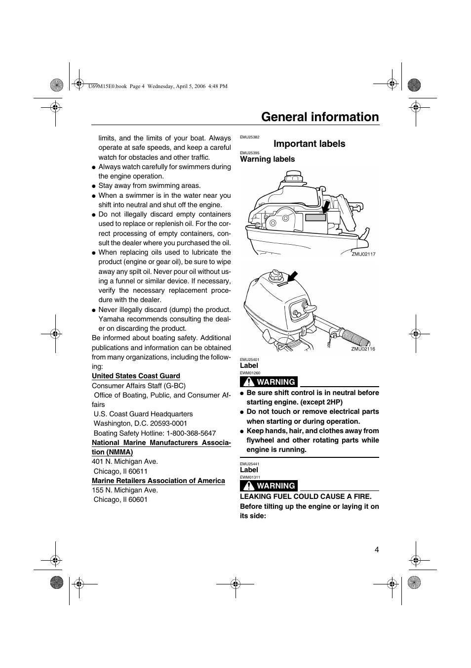 Important labels, Warning labels, General information | Yamaha F25 User Manual | Page 9 / 66
