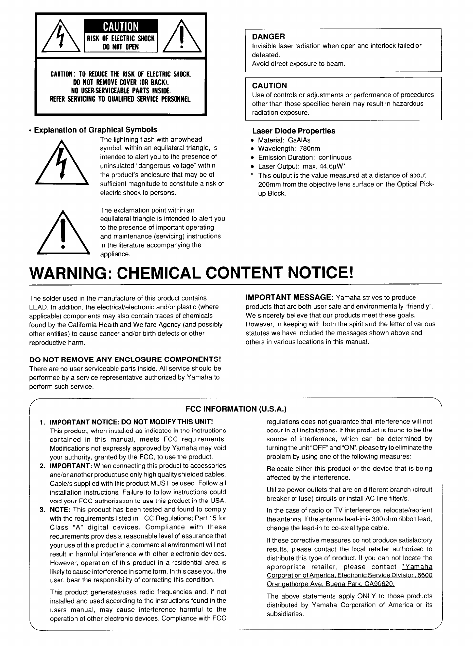 Warning: chemical content notice | Yamaha YPDR601 User Manual | Page 2 / 42