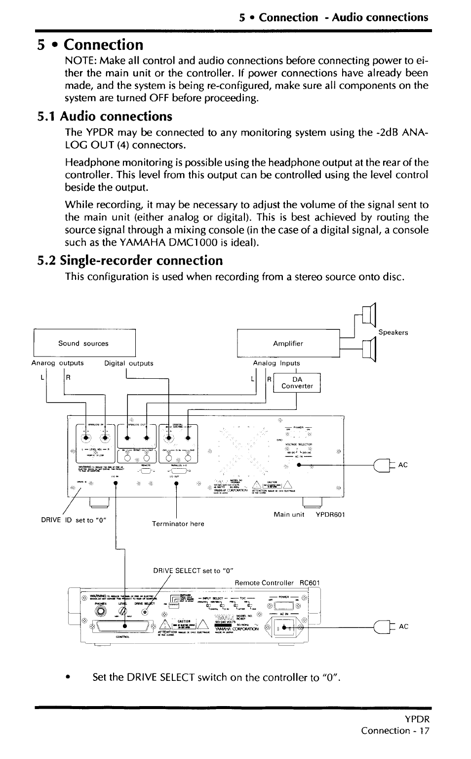 5 • connection, 1 audio connections, 2 single-recorder connection | 1 audio connections 5.2 single-recorder connection | Yamaha YPDR601 User Manual | Page 21 / 42