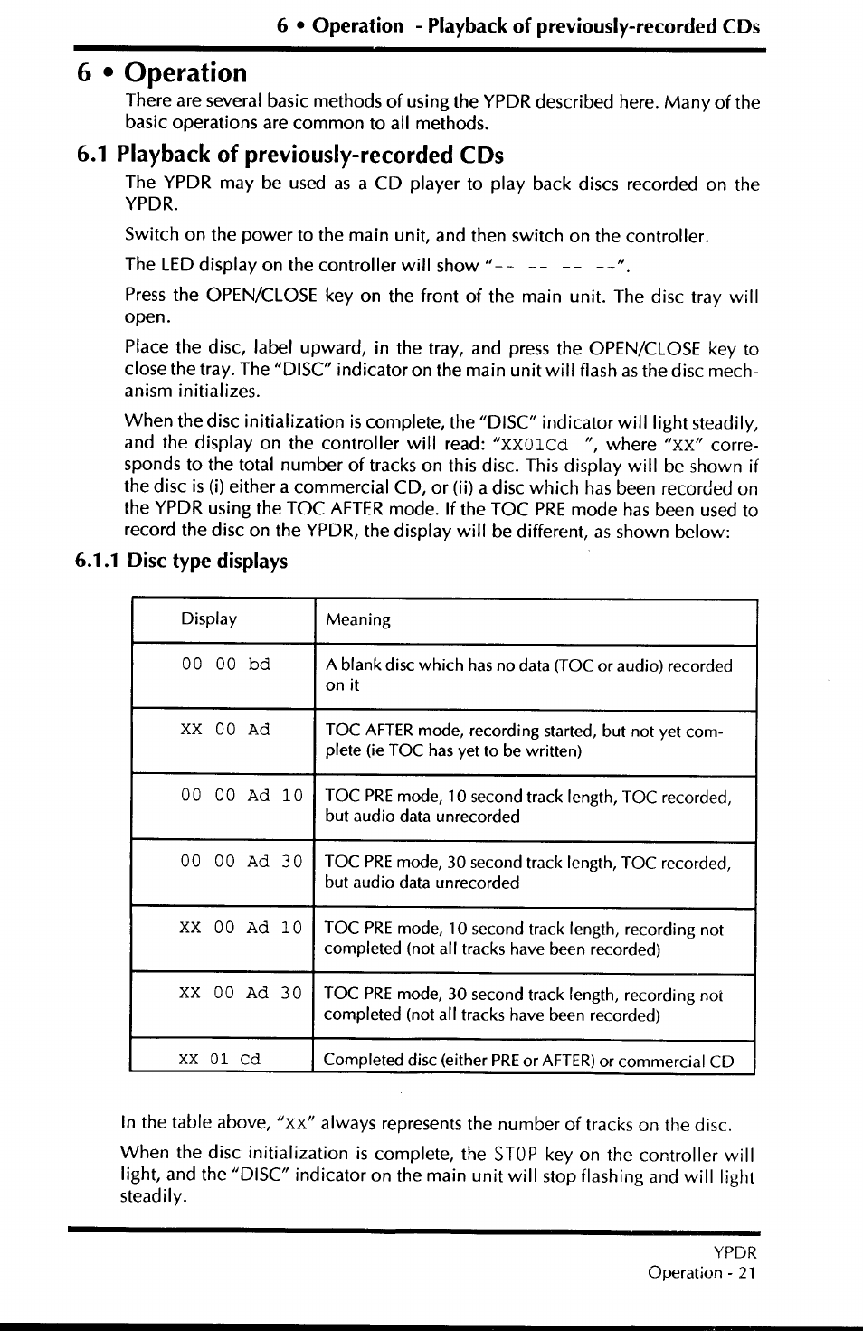 6 • operation, 1 playback of previously-recorded cds, 00 00 bd | Xx 00 ad, Xx 00 ad 10, Xx 00 ad 30, Xx 01 cd | Yamaha YPDR601 User Manual | Page 25 / 42