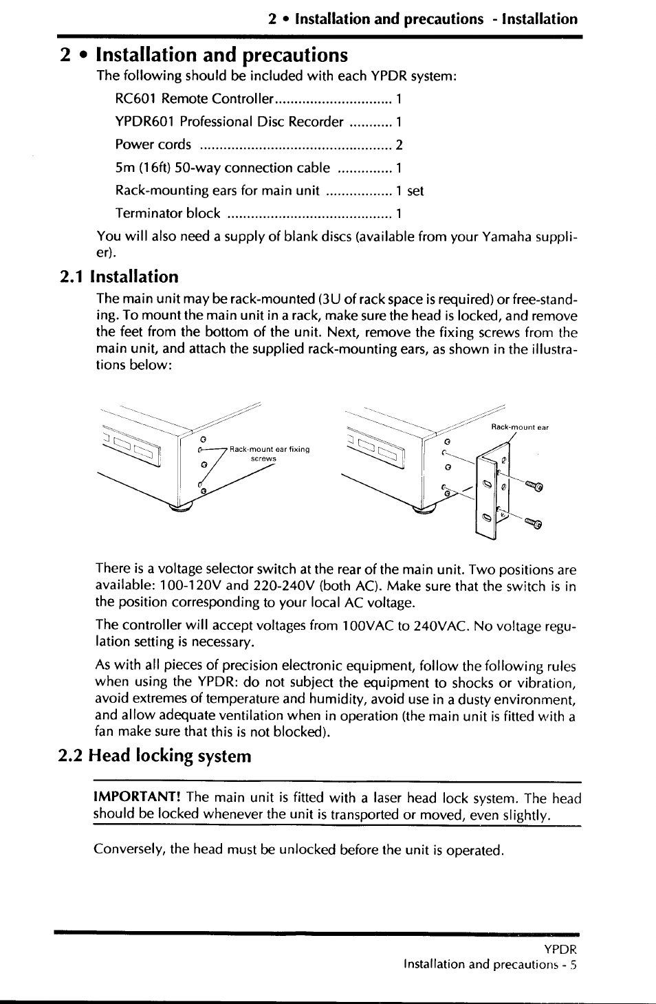 2 • installation and precautions, 1 installation, 2 head locking system | 1 installation 2.2 head locking system | Yamaha YPDR601 User Manual | Page 9 / 42