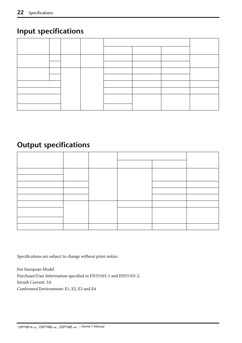 Input specifications, Output specifications, Input specifications output specifications | Specifications | Yamaha GF12/12 User Manual | Page 22 / 26