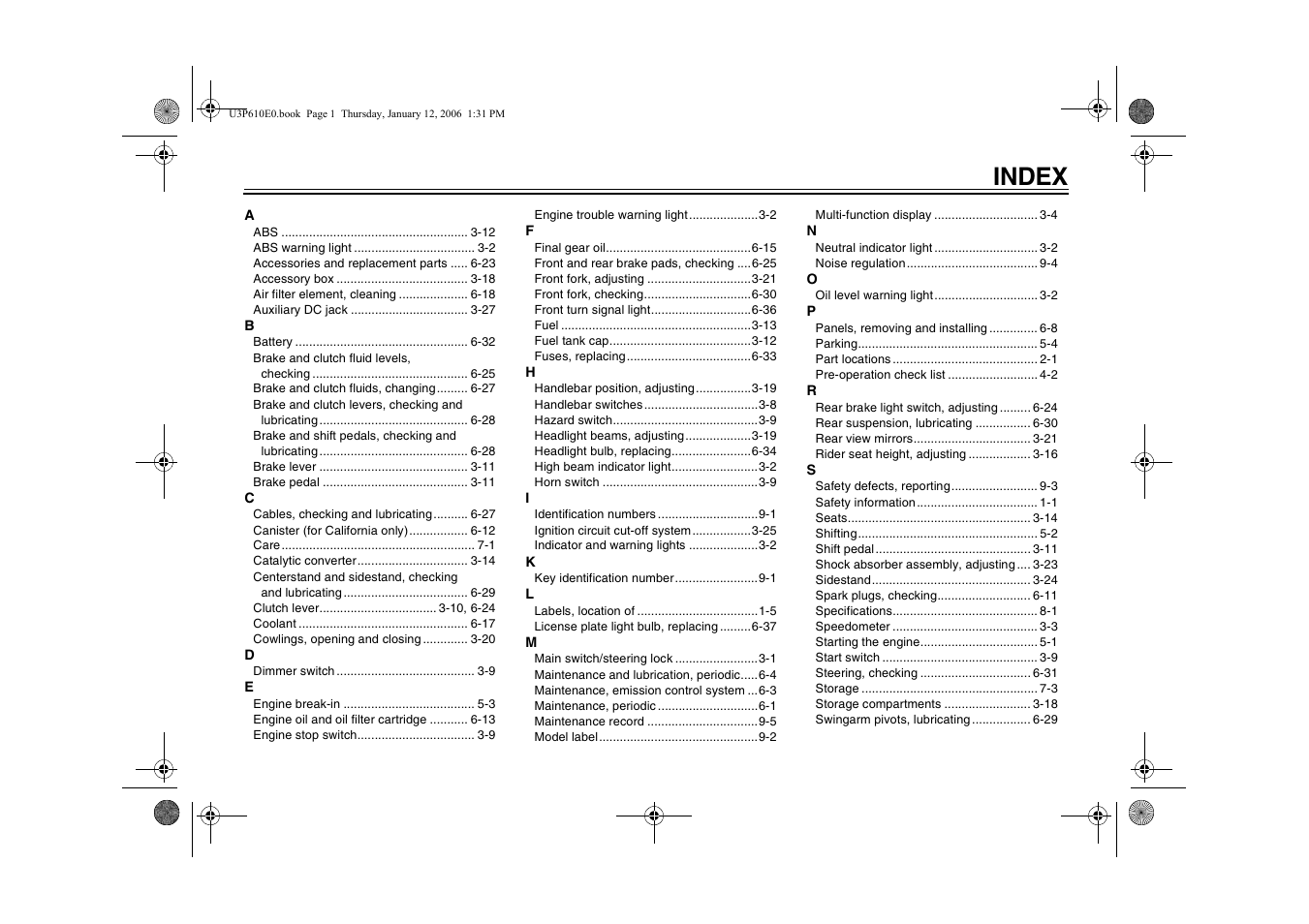 Index | Yamaha FJR13AV(C) User Manual | Page 109 / 111