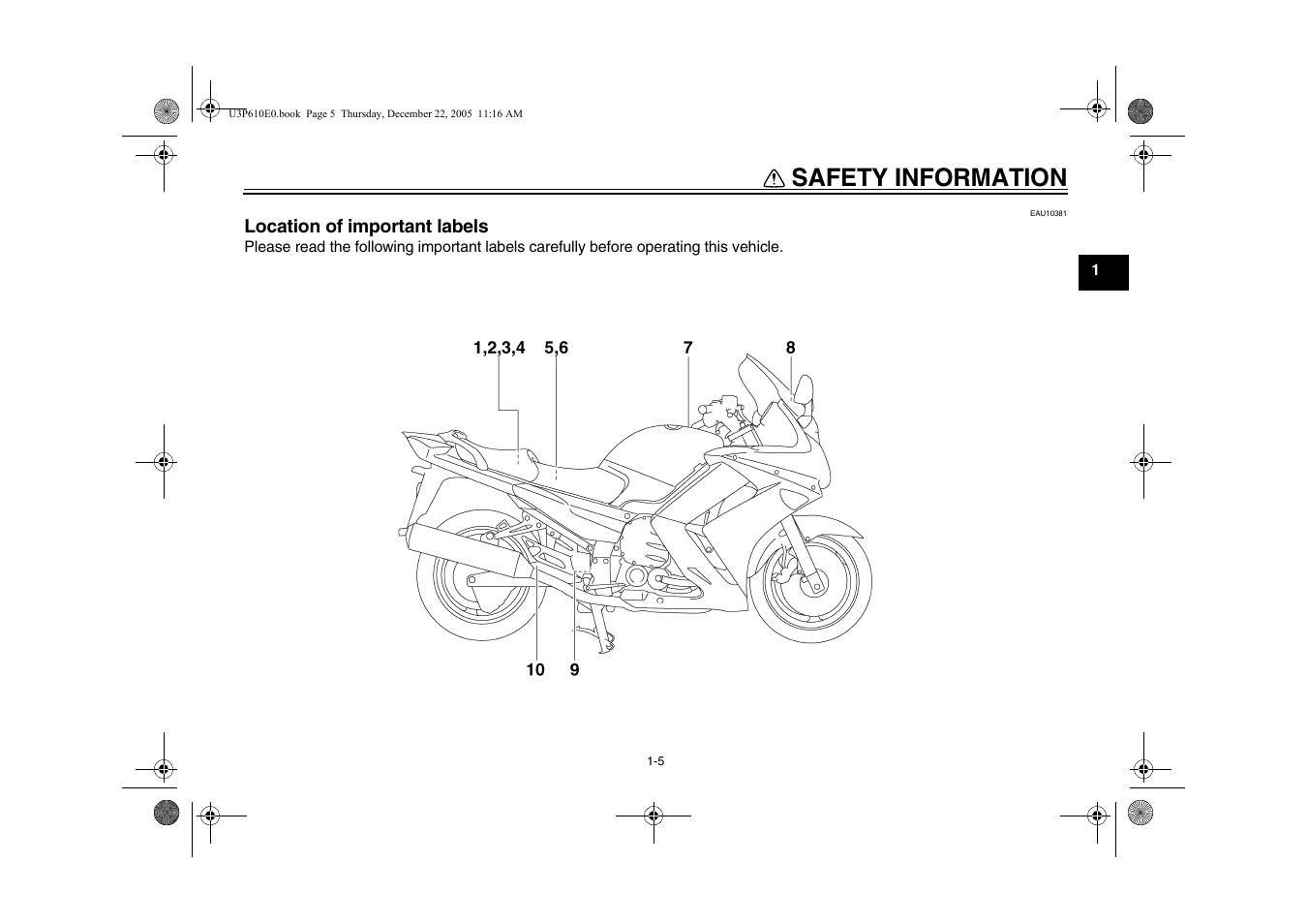 Location of important labels, Location of important labels -5, Safety information | Yamaha FJR13AV(C) User Manual | Page 13 / 111