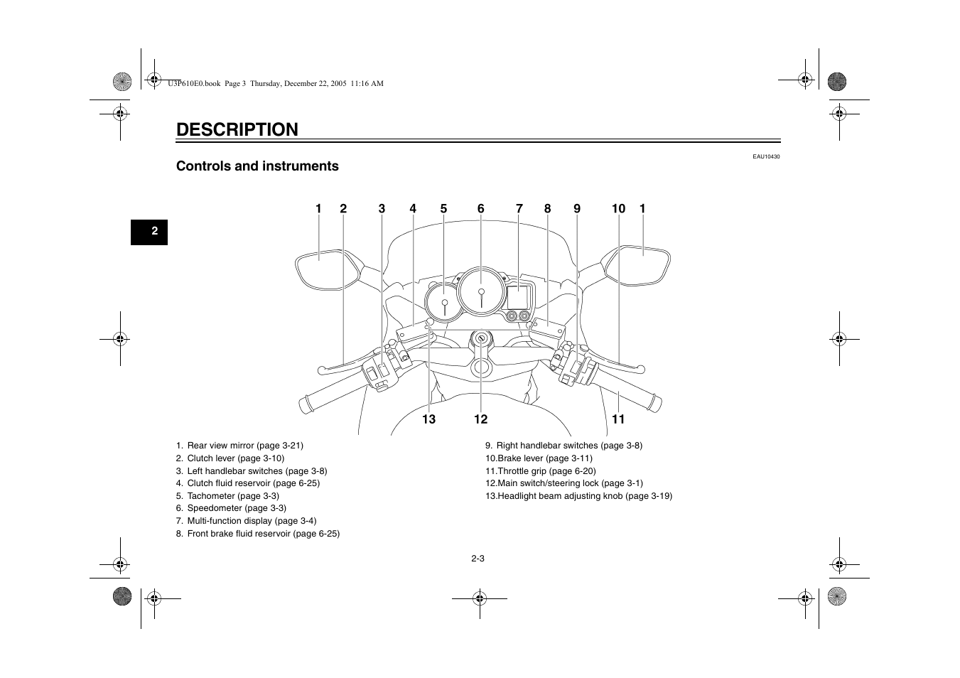 Controls and instruments, Controls and instruments -3, Description | Yamaha FJR13AV(C) User Manual | Page 18 / 111