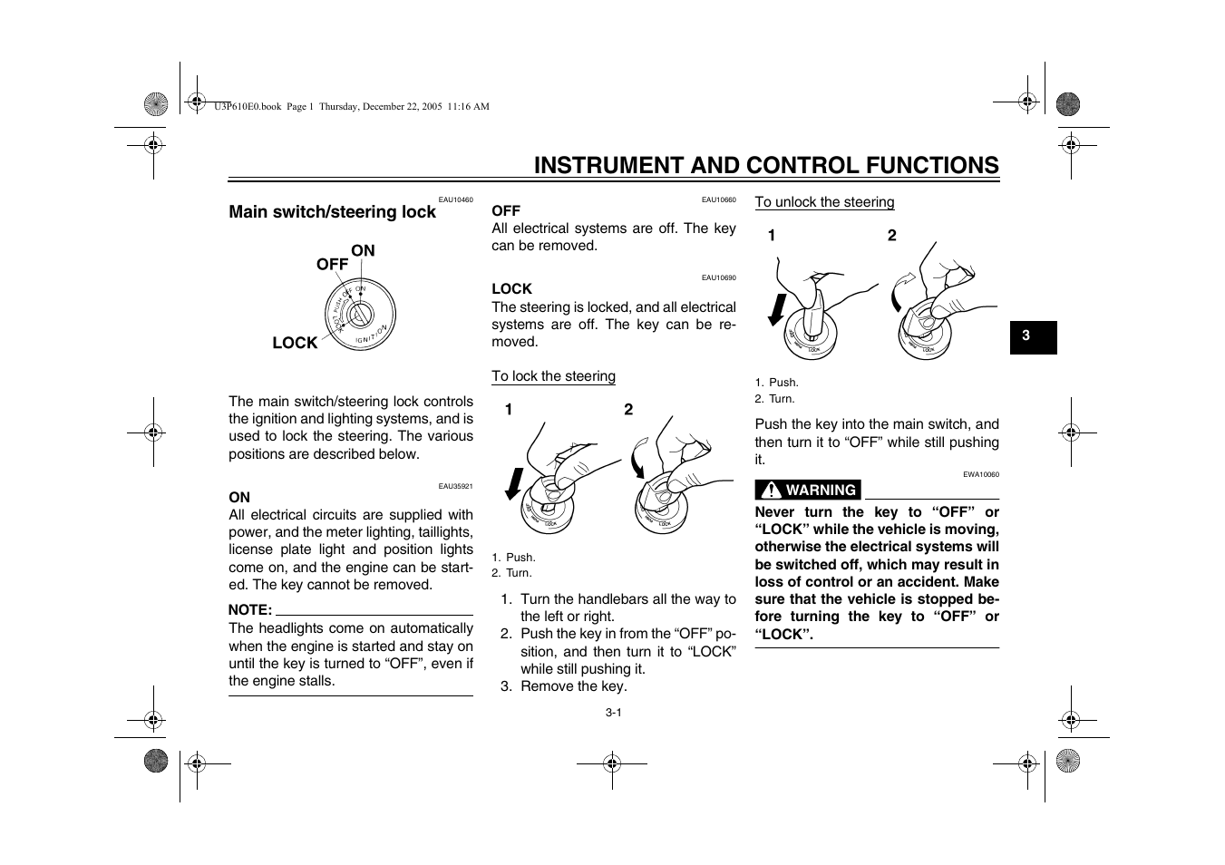 Main switch/steering lock, Instrument and control functions, Main switch/steering lock -1 | Yamaha FJR13AV(C) User Manual | Page 19 / 111