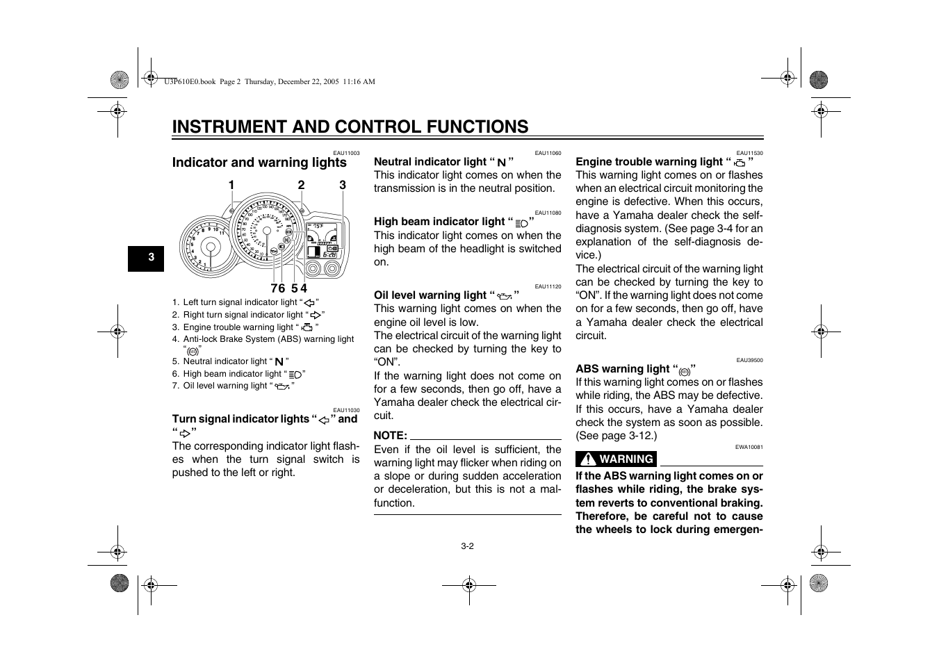 Indicator and warning lights, Indicator and warning lights -2, Instrument and control functions | Yamaha FJR13AV(C) User Manual | Page 20 / 111