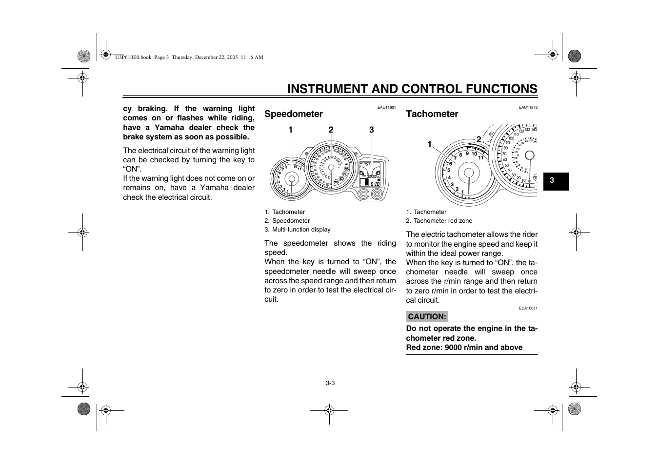 Speedometer, Tachometer, Speedometer -3 tachometer -3 | Age 3-3), Instrument and control functions | Yamaha FJR13AV(C) User Manual | Page 21 / 111