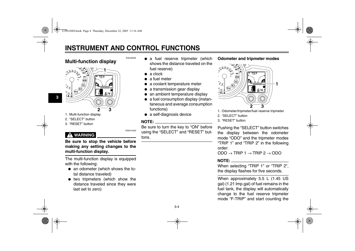 Multi-function display, Multi-function display -4, Instrument and control functions | Yamaha FJR13AV(C) User Manual | Page 22 / 111