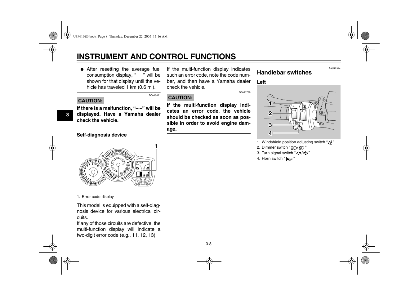 Handlebar switches, Handlebar switches -8, Age 3-8) | Instrument and control functions | Yamaha FJR13AV(C) User Manual | Page 26 / 111