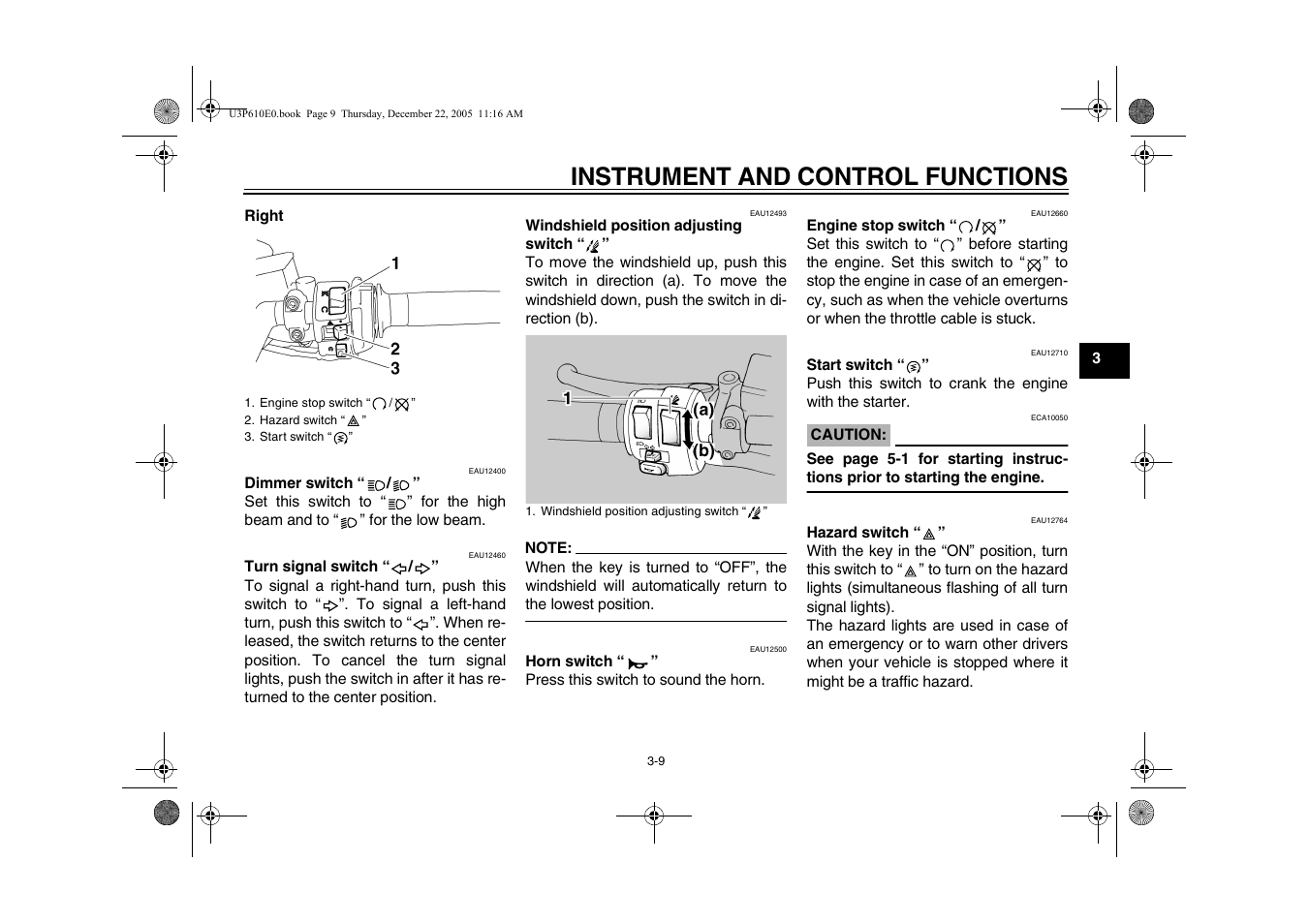 Engine stop switch, Start switch, Instrument and control functions | Yamaha FJR13AV(C) User Manual | Page 27 / 111