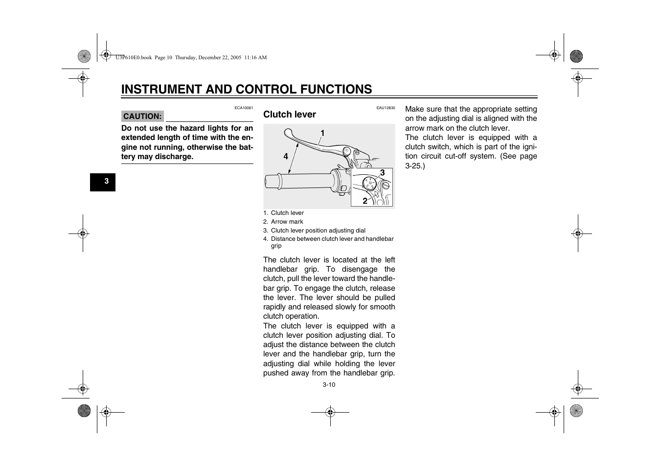 Clutch lever, Clutch lever -10, Instrument and control functions | Yamaha FJR13AV(C) User Manual | Page 28 / 111