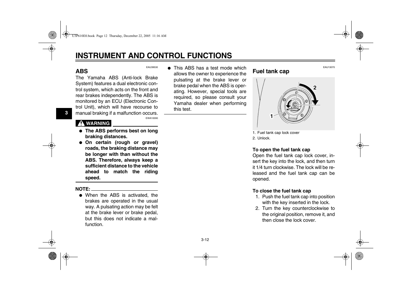 Fuel tank cap, Abs -12 fuel tank cap -12, Instrument and control functions | Yamaha FJR13AV(C) User Manual | Page 30 / 111