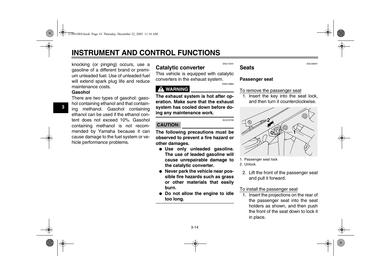 Seats, Catalytic converter -14 seats -14, Instrument and control functions | Yamaha FJR13AV(C) User Manual | Page 32 / 111