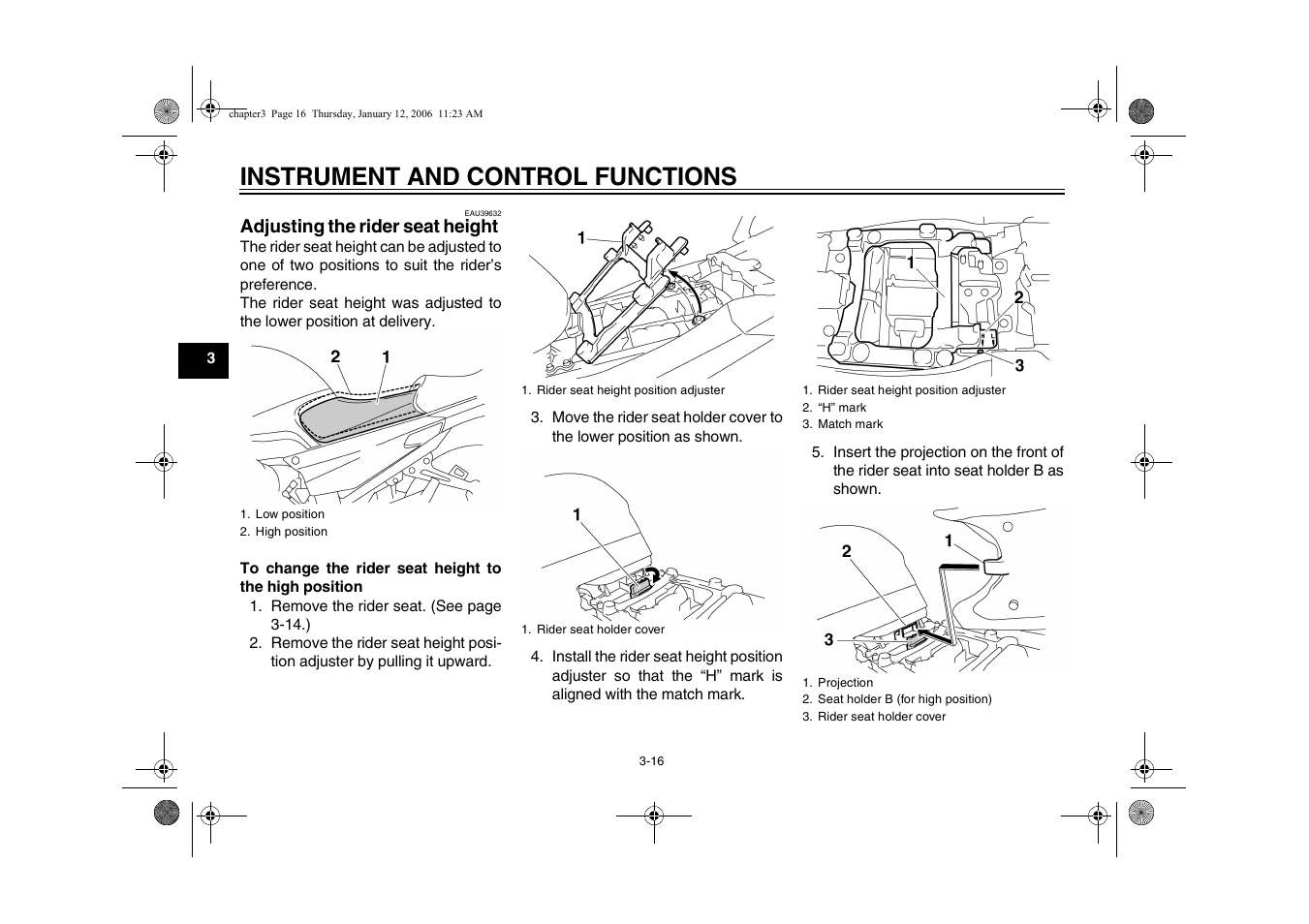 Adjusting the rider seat height, Adjusting the rider seat height -16, Instrument and control functions | Yamaha FJR13AV(C) User Manual | Page 34 / 111