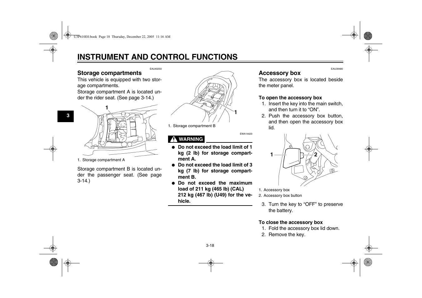 Storage compartments, Storage compartments -18 accessory box -18, Instrument and control functions | Yamaha FJR13AV(C) User Manual | Page 36 / 111