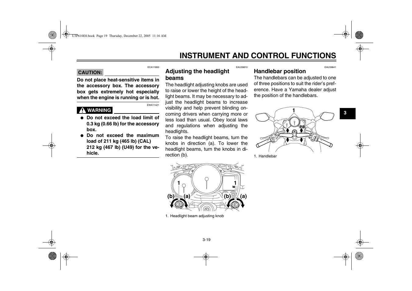 Adjusting the headlight beams, Handlebar position, Instrument and control functions | Yamaha FJR13AV(C) User Manual | Page 37 / 111