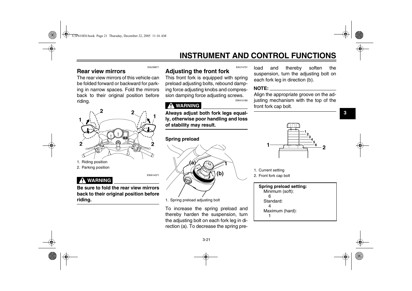 Adjusting the front fork, Rear view mirrors -21 adjusting the front fork -21, Instrument and control functions | Yamaha FJR13AV(C) User Manual | Page 39 / 111