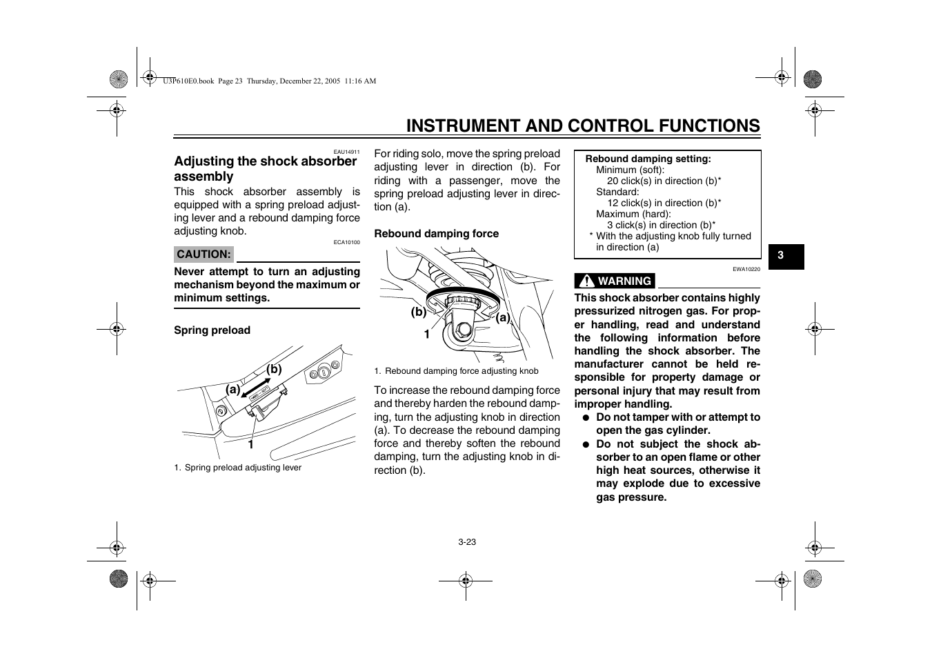 Adjusting the shock absorber assembly, Adjusting the shock absorber, Assembly -23 | Instrument and control functions | Yamaha FJR13AV(C) User Manual | Page 41 / 111