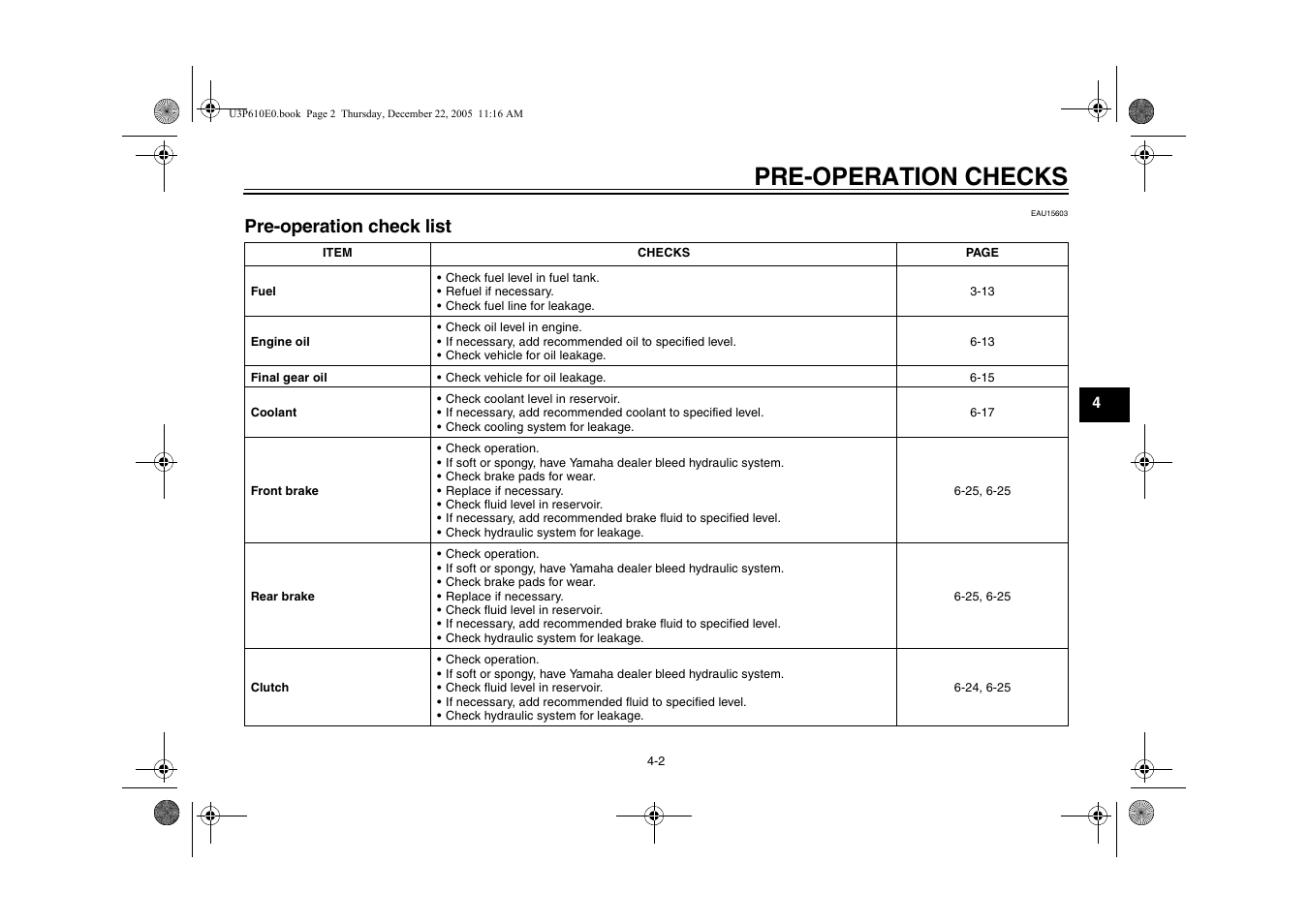 Pre-operation check list, Operation and important, Pre-operation checks | Yamaha FJR13AV(C) User Manual | Page 47 / 111