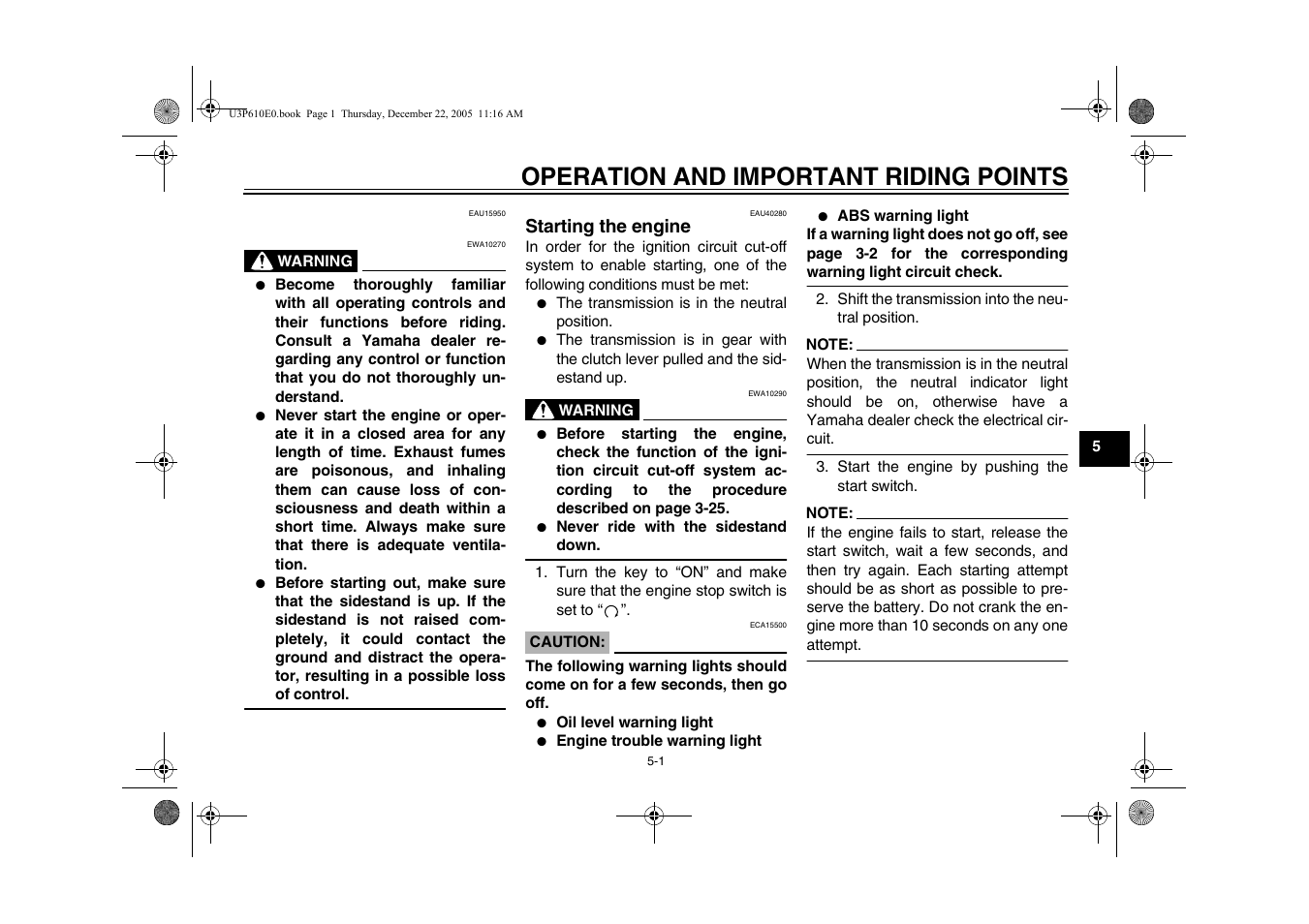 Operation and important riding points, Starting the engine -1 shifting, Engine break-in -3 | Yamaha FJR13AV(C) User Manual | Page 49 / 111