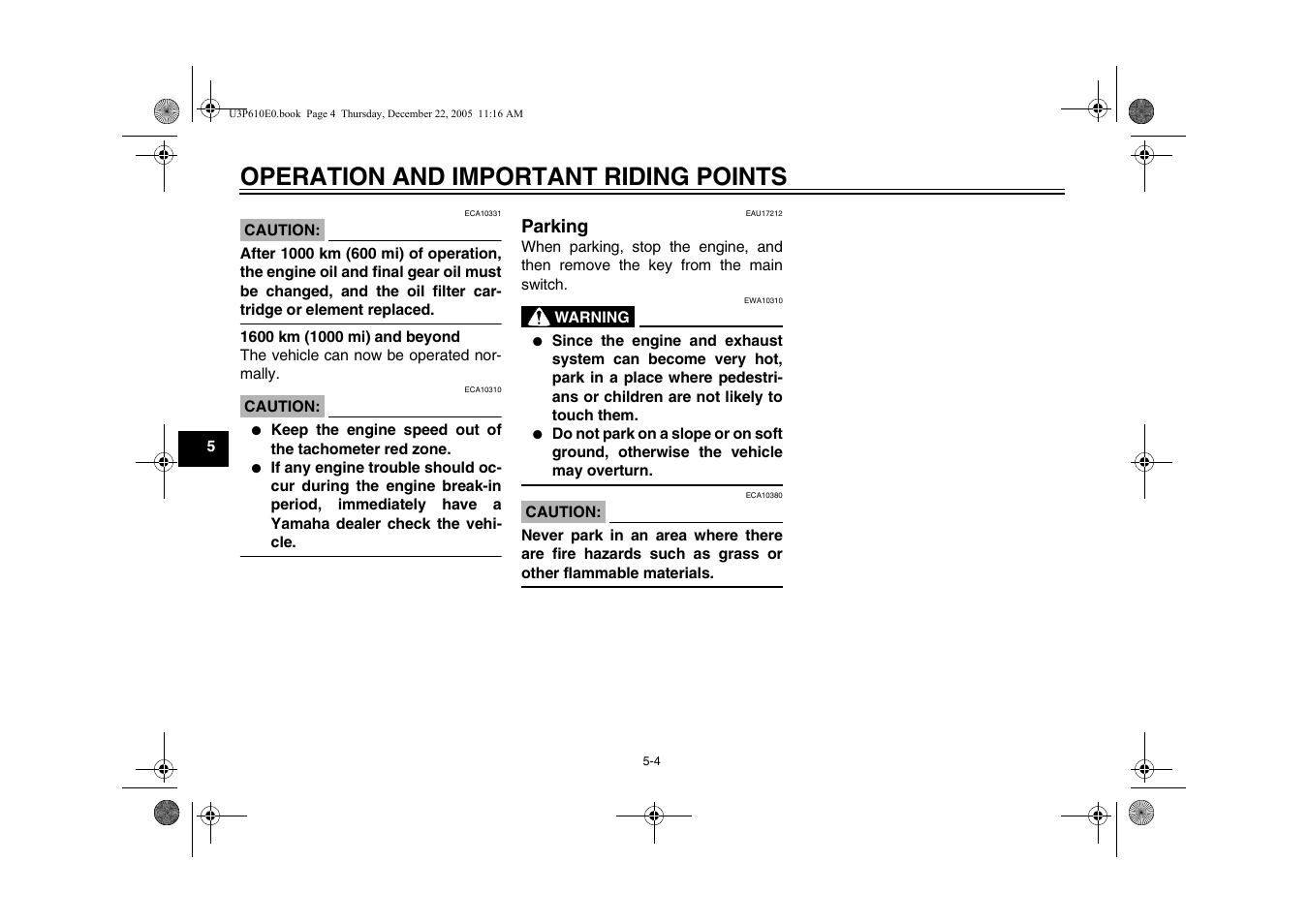 Periodic maintenance and, Operation and important riding points, Parking | Yamaha FJR13AV(C) User Manual | Page 52 / 111