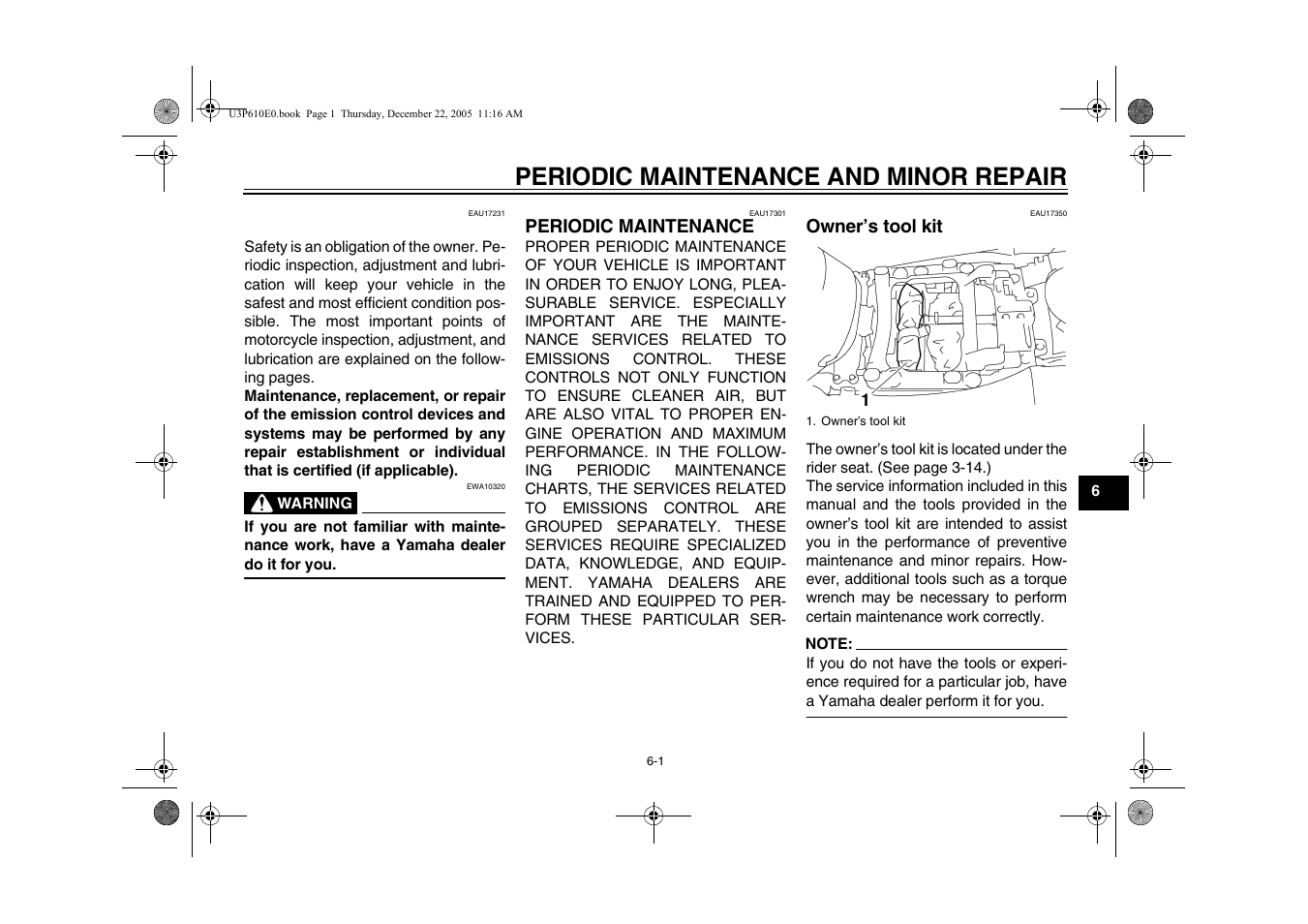 Periodic maintenance and minor repair, Owner's tool kit, Periodic maintenance -1 owner’s tool ki | Periodic maintenance chart for the, Emission control system -3 | Yamaha FJR13AV(C) User Manual | Page 53 / 111