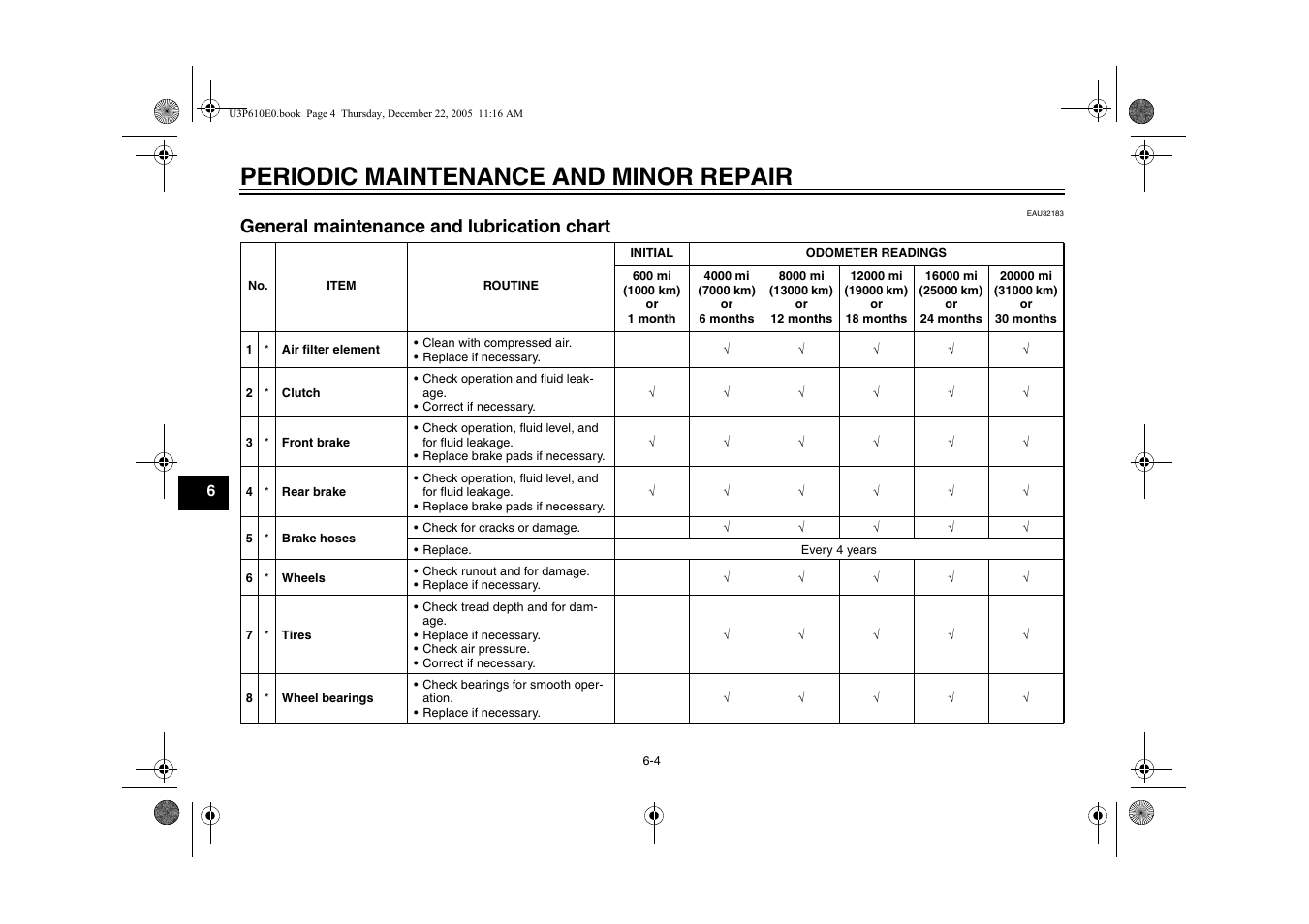 General maintenance and lubrication chart, Periodic maintenance and minor repair | Yamaha FJR13AV(C) User Manual | Page 56 / 111
