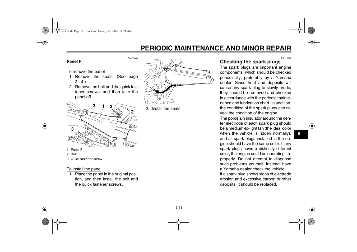 Checking the spark plugs, Engine oil and oil filter cartridge -13, Periodic maintenance and minor repair | Yamaha FJR13AV(C) User Manual | Page 63 / 111