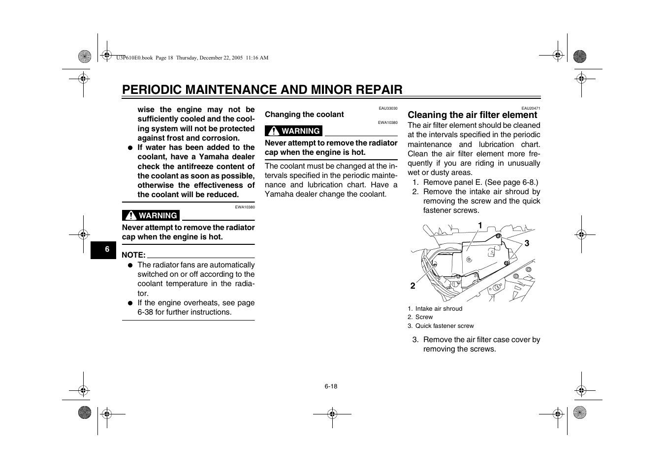 Cleaning the air filter, Play -20, Periodic maintenance and minor repair | Yamaha FJR13AV(C) User Manual | Page 70 / 111