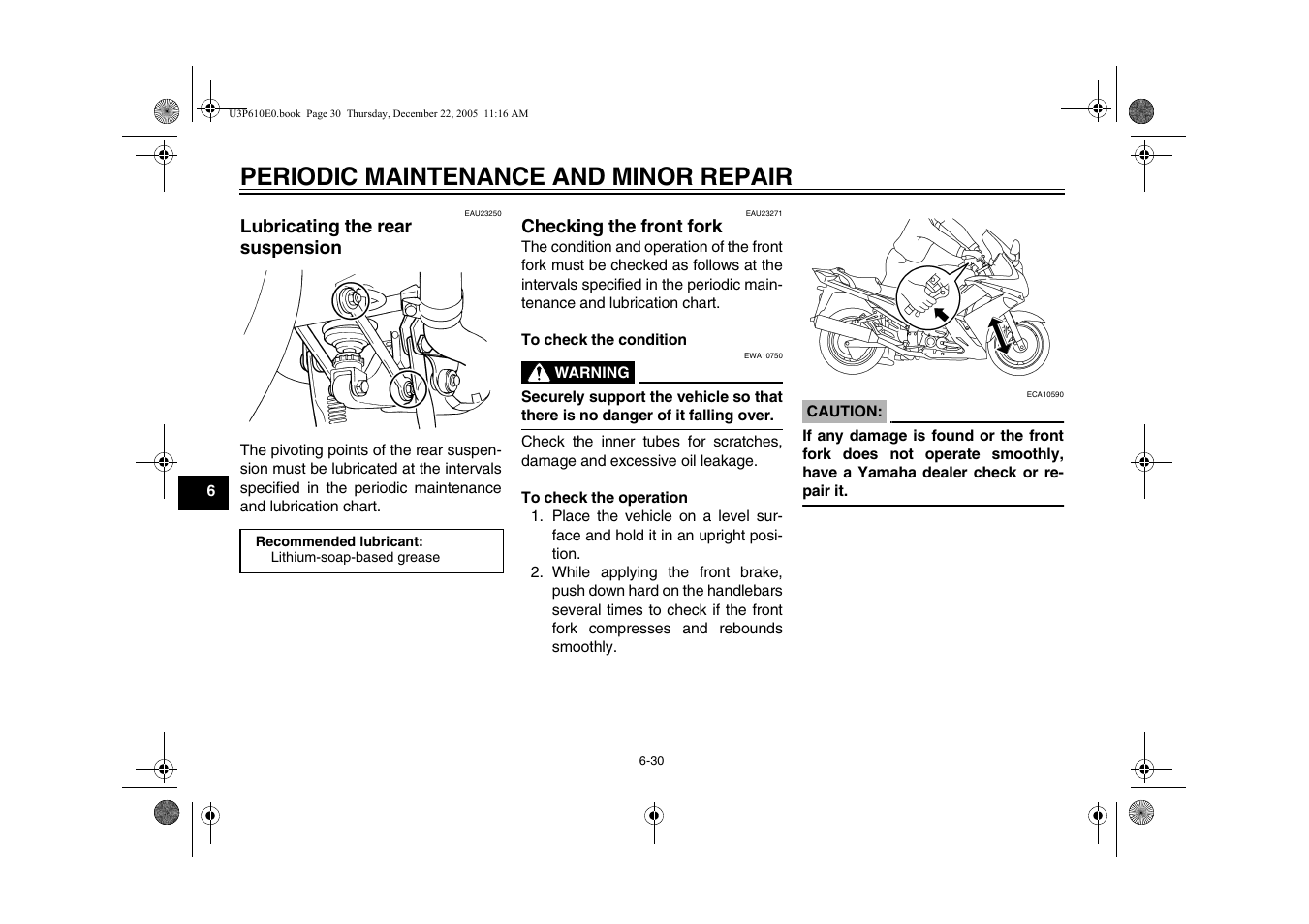 Lubricating the rear suspension, Checking the front fork, Checking the wheel bearings -31 battery -32 | Periodic maintenance and minor repair | Yamaha FJR13AV(C) User Manual | Page 82 / 111