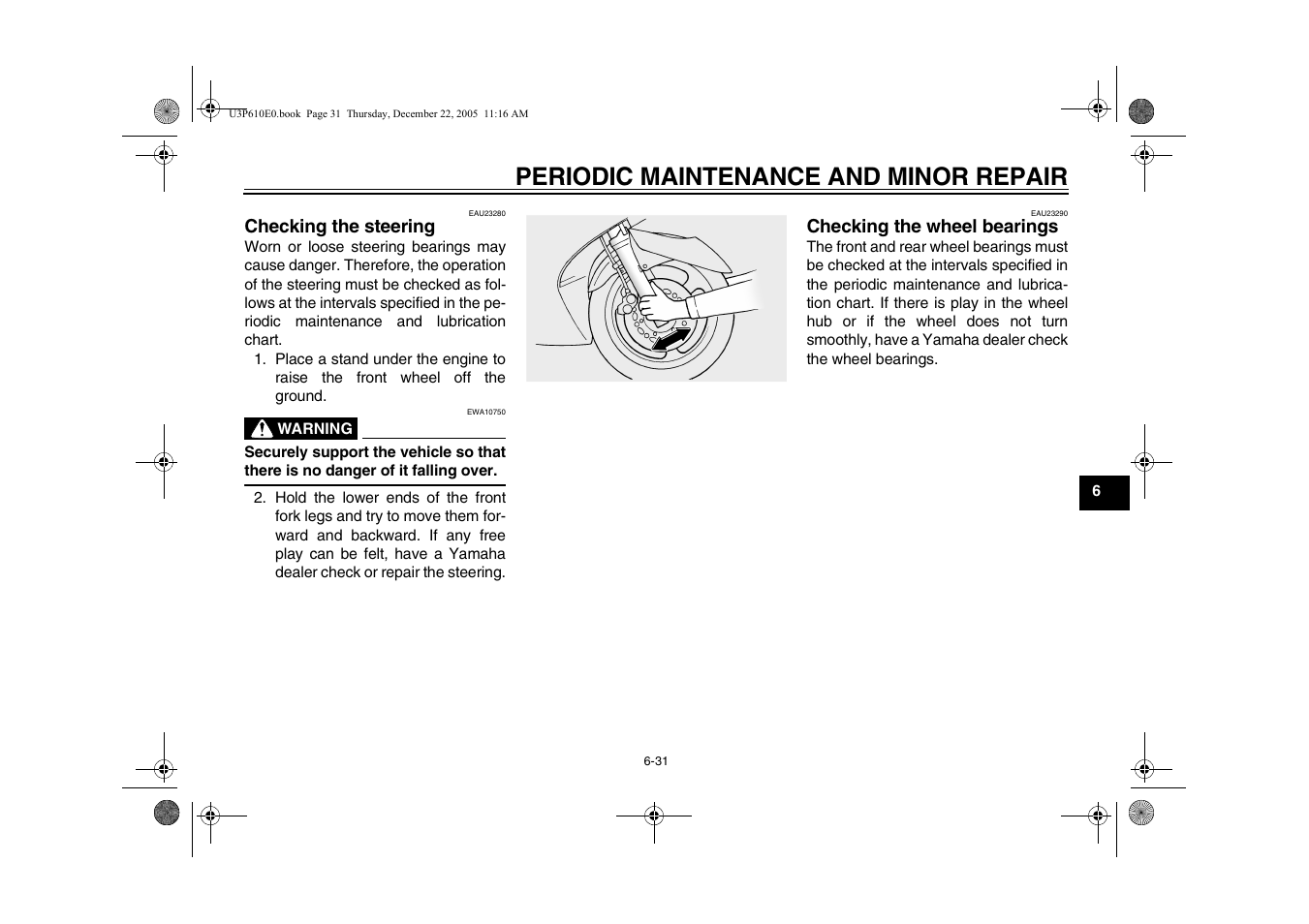 Checking the steering, Checking the wheel bearings, Periodic maintenance and minor repair | Yamaha FJR13AV(C) User Manual | Page 83 / 111