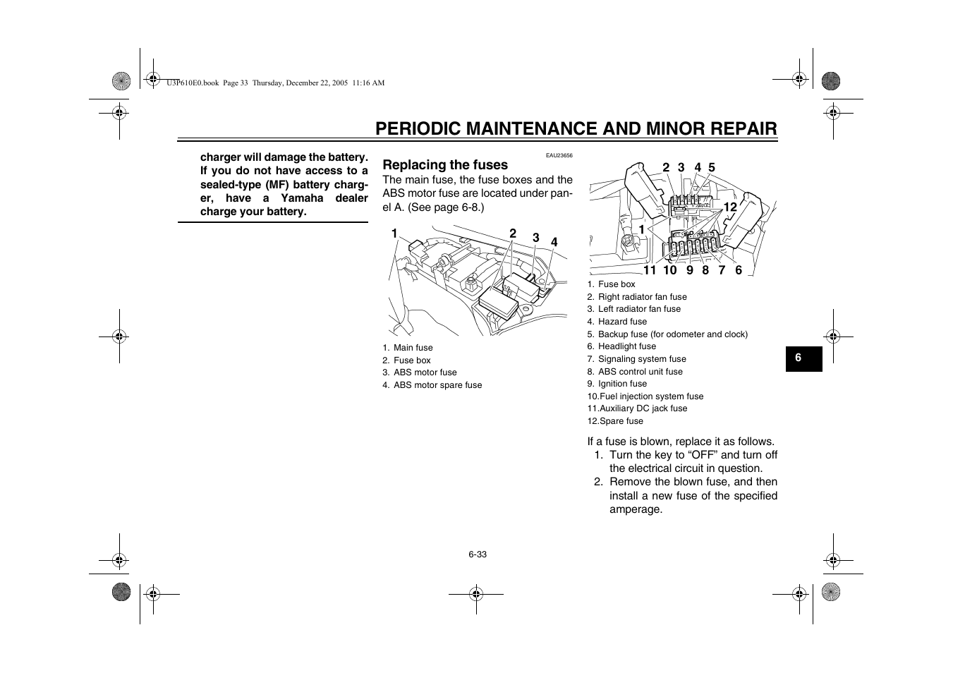 Replacing the fuses, Replacing a rear turn signal light, Age 6-33 | Periodic maintenance and minor repair | Yamaha FJR13AV(C) User Manual | Page 85 / 111