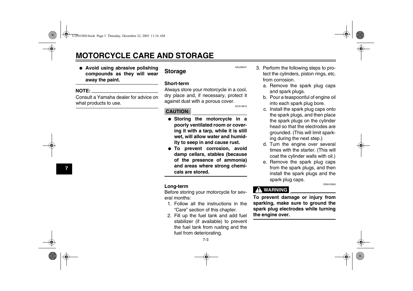 Storage, Motorcycle care and storage | Yamaha FJR13AV(C) User Manual | Page 94 / 111