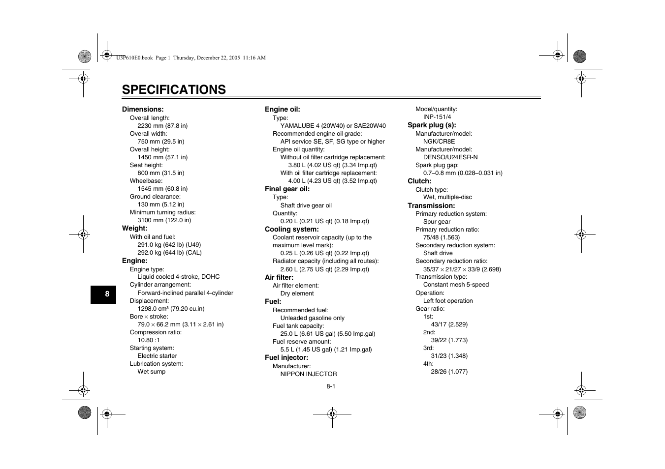 Specifications, Identification num | Yamaha FJR13AV(C) User Manual | Page 96 / 111