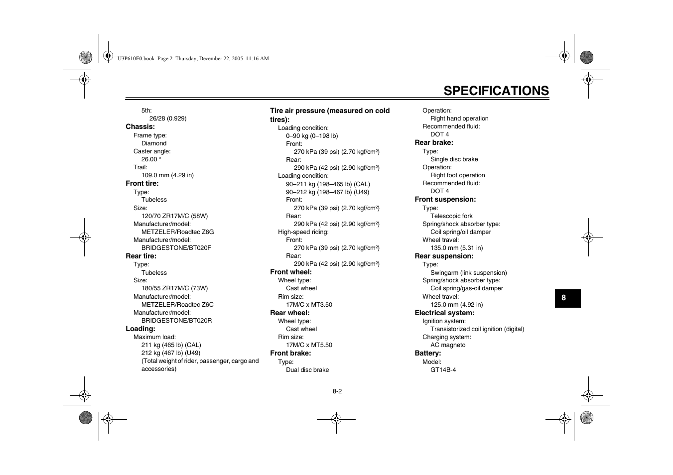 Specifications | Yamaha FJR13AV(C) User Manual | Page 97 / 111