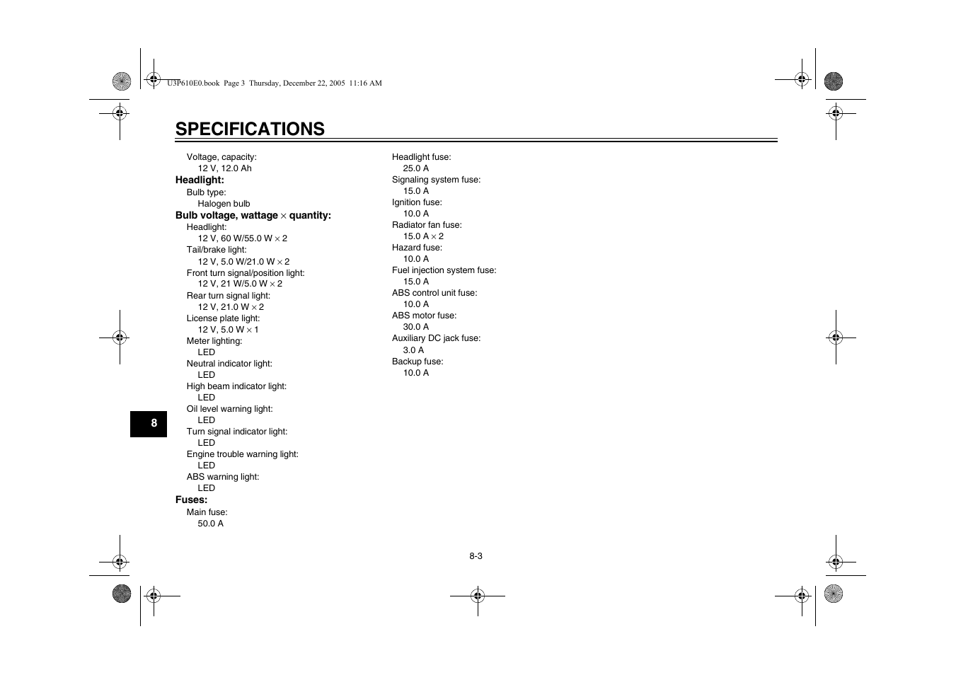 Specifications | Yamaha FJR13AV(C) User Manual | Page 98 / 111