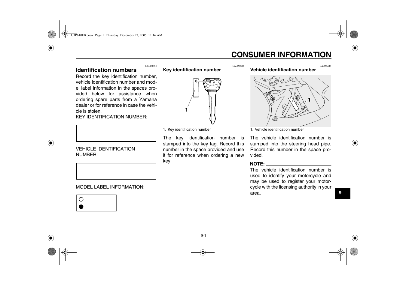 Consumer information, Identification numbers, Motorcycle noise regulation | Maintenance record -5 | Yamaha FJR13AV(C) User Manual | Page 99 / 111
