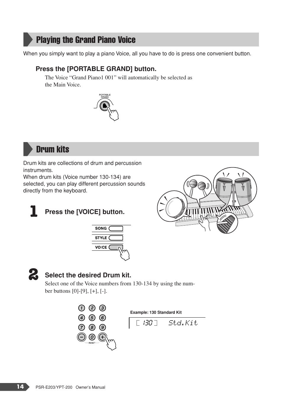 Playing the grand piano voice, Drum kits, Playing the grand piano voice drum kits | Yamaha YPT-200  EN User Manual | Page 14 / 68