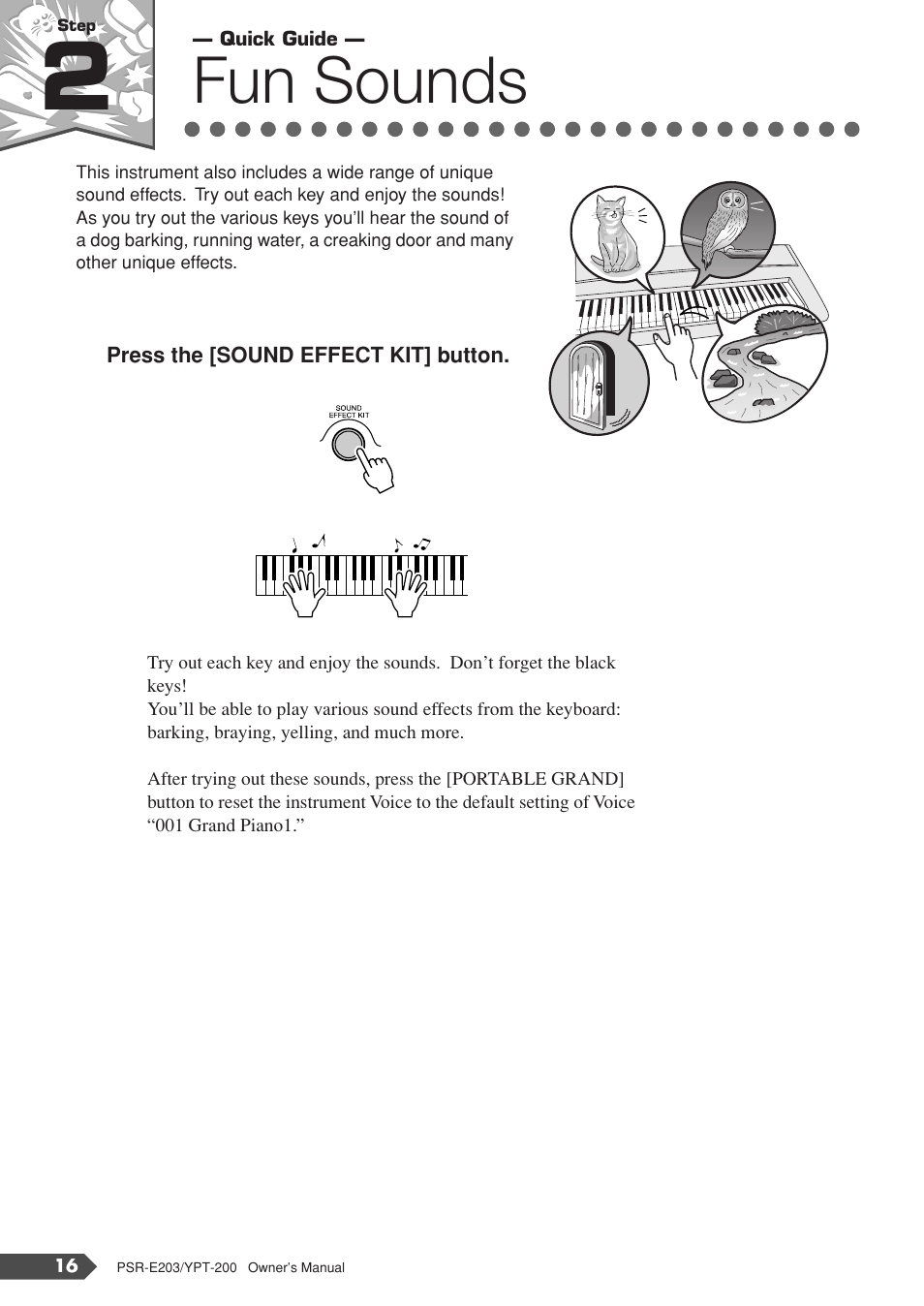 Step 2 fun sounds, Step 2, Fun sounds | Yamaha YPT-200  EN User Manual | Page 16 / 68