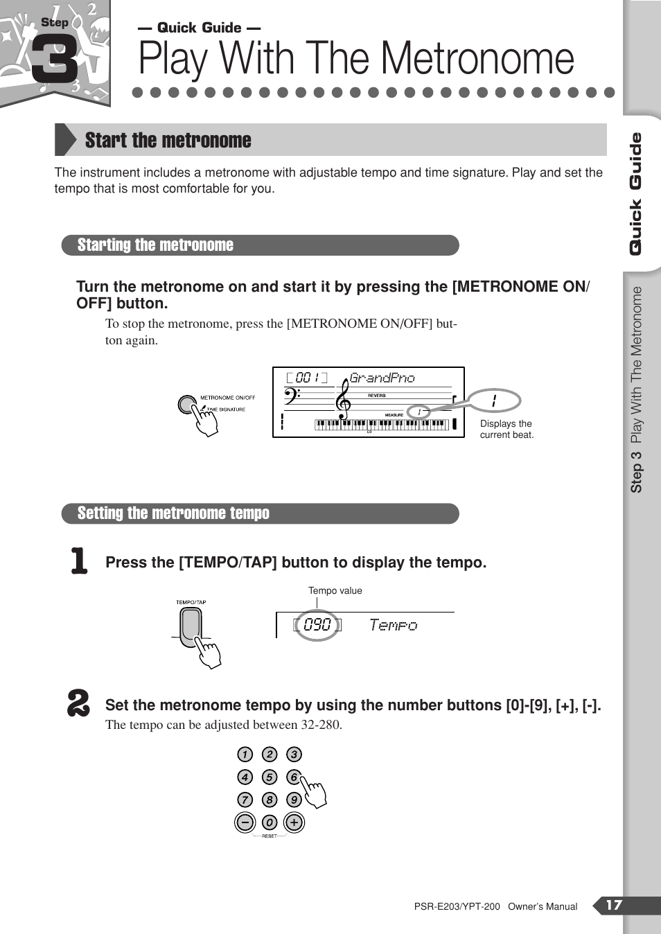 Step 3 play with the metronome, Start the metronome, Step 3 | Play with the metronome | Yamaha YPT-200  EN User Manual | Page 17 / 68