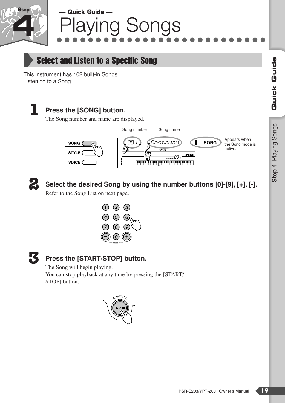 Step 4 playing songs, Select and listen to a specific song, Step 4 | Playing songs | Yamaha YPT-200  EN User Manual | Page 19 / 68