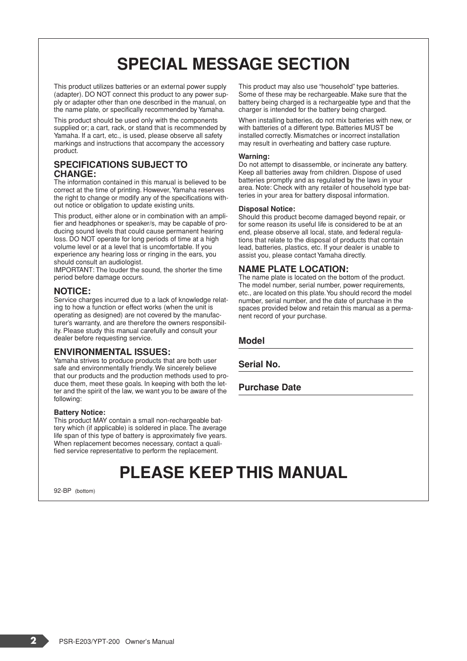 Please keep this manual | Yamaha YPT-200  EN User Manual | Page 2 / 68