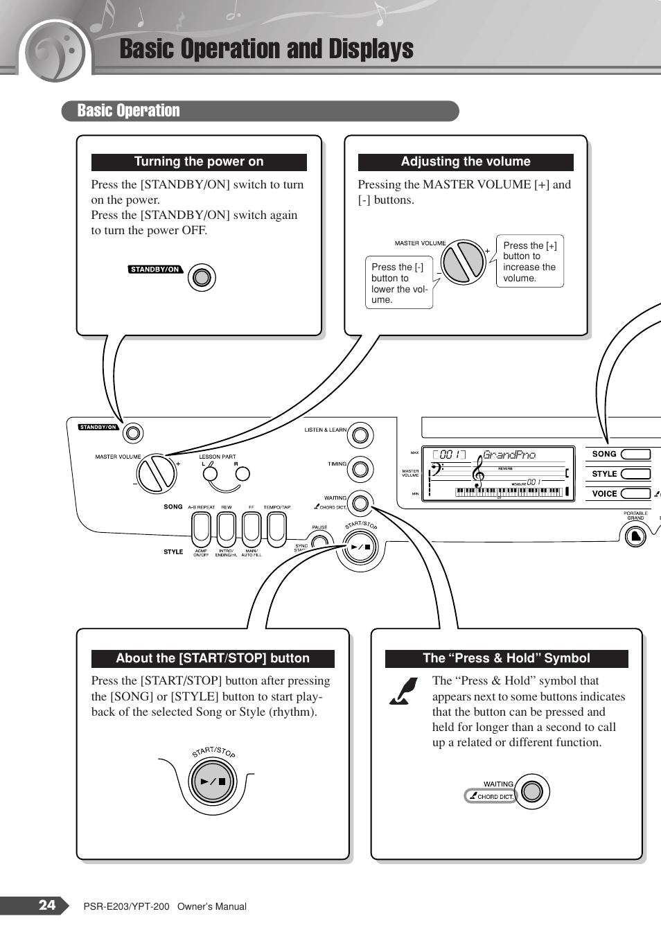 Basic operation and displays, Basic operation | Yamaha YPT-200  EN User Manual | Page 24 / 68