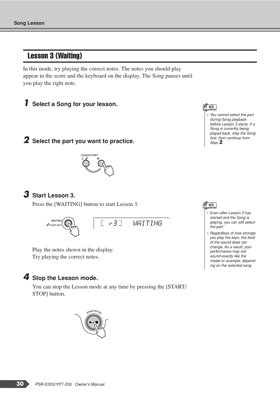 Lesson 3 (waiting), Waiting r3 | Yamaha YPT-200  EN User Manual | Page 30 / 68