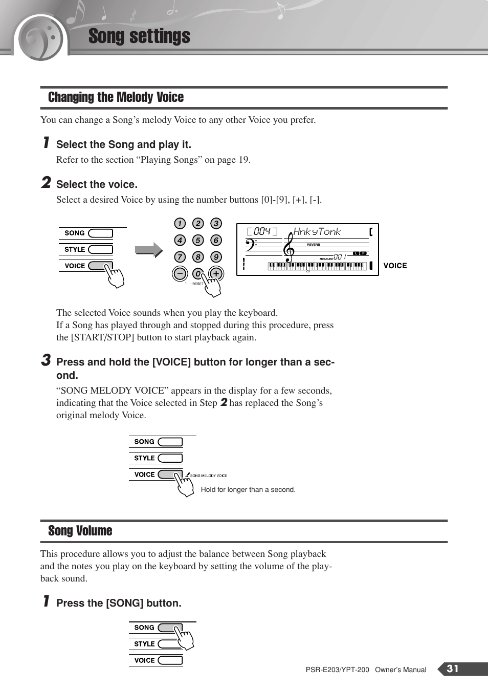 Song settings, Changing the melody voice, Song volume | Changing the melody voice song volume | Yamaha YPT-200  EN User Manual | Page 31 / 68