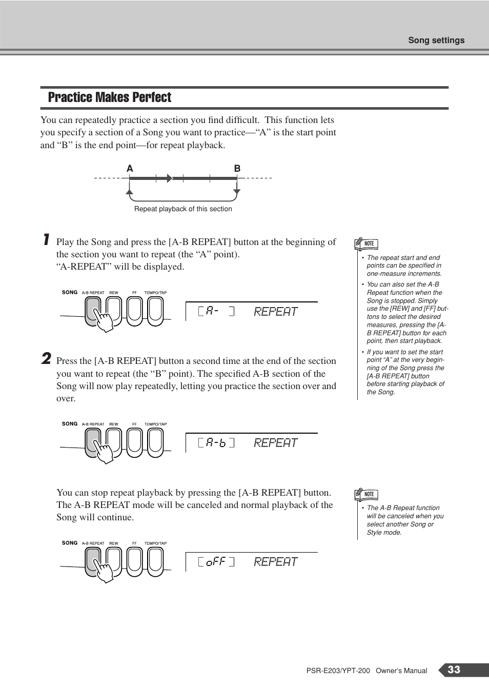 Practice makes perfect, Repeat a- repeat a-b, Repeat off | Yamaha YPT-200  EN User Manual | Page 33 / 68