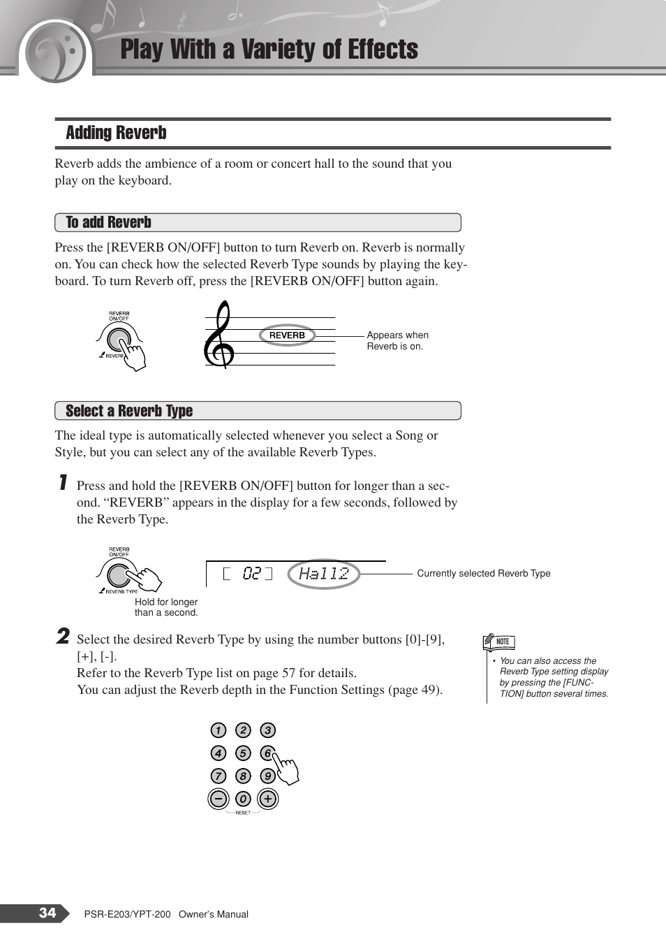 Play with a variety of effects, Adding reverb, Select a reverb type | Yamaha YPT-200  EN User Manual | Page 34 / 68
